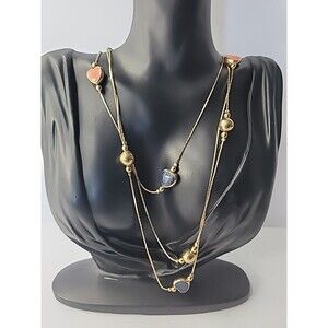Vintage Gold Tone Multi Strand Necklace Blue Pink Heart Stations Jewelry